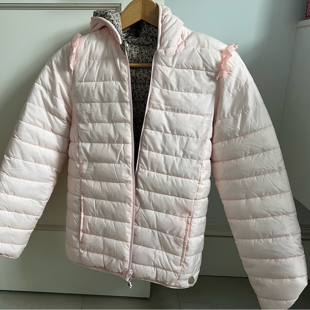New peach pink/ floral print reversible winter hooded jacket size 11Y